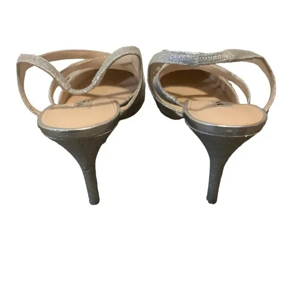 Nina Cianna Platino Glitter Pumps Women 11‎ Silver Strappy Pointed Toe Leather - Picture 3 of 9